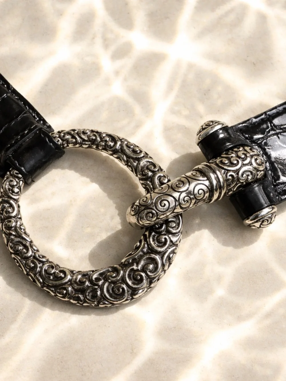 Brighton Black Croc Embossed Leather Ornate Link Belt - Size 38 - Picture 3 of 11